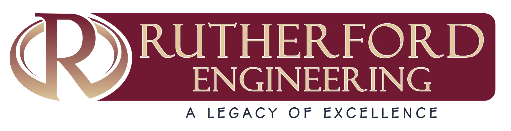 RUTHERFORD ENGINEERING logo with gold serif lettering on a maroon background and circular R emblem